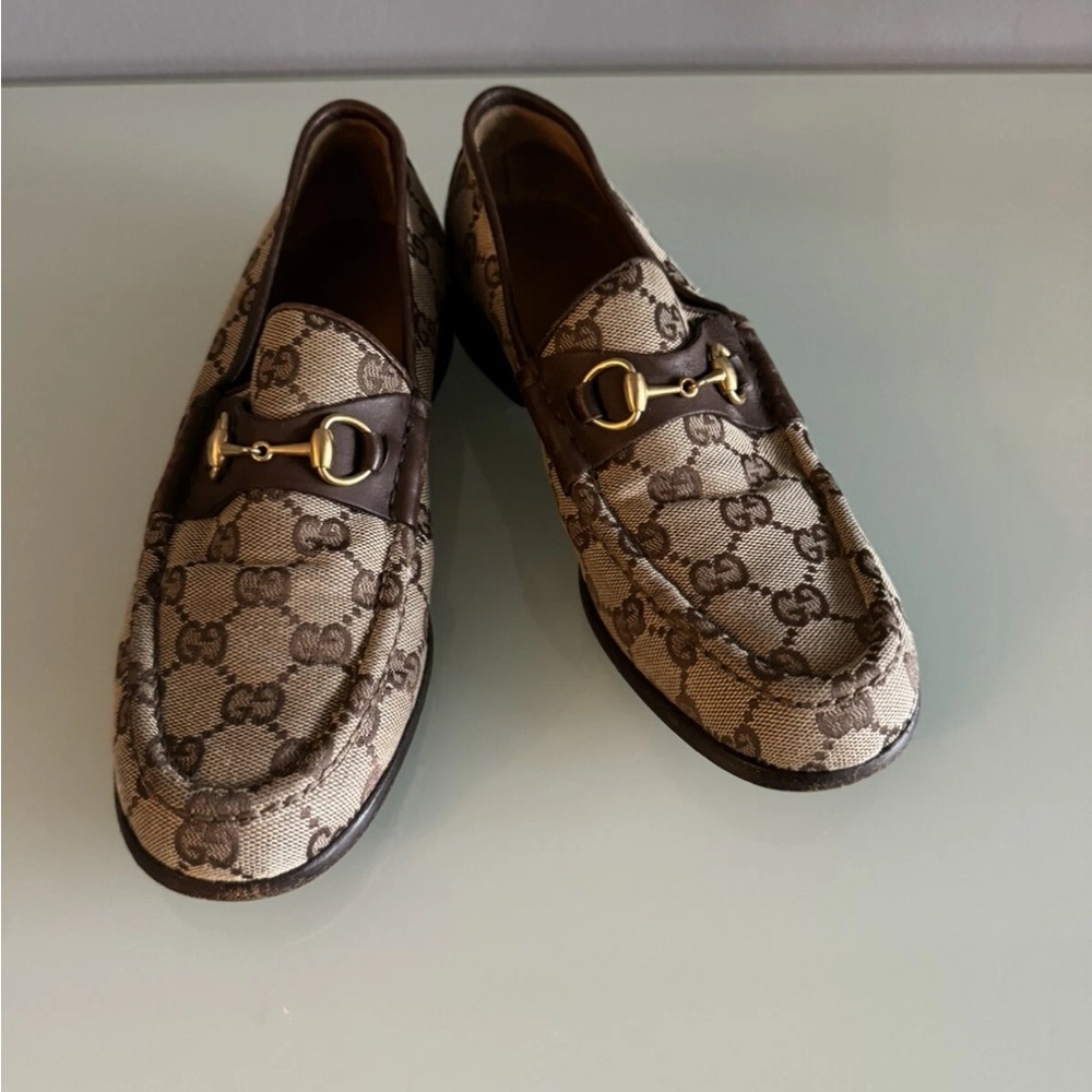 Gucci Beige and Brown Monogram Horsebit Loafers